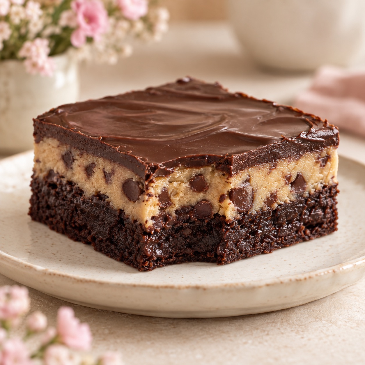 Layered cookie dough brownie with chocolate ganache
