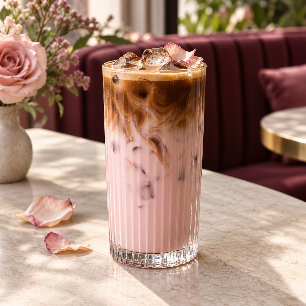 Pink iced rose latte with espresso