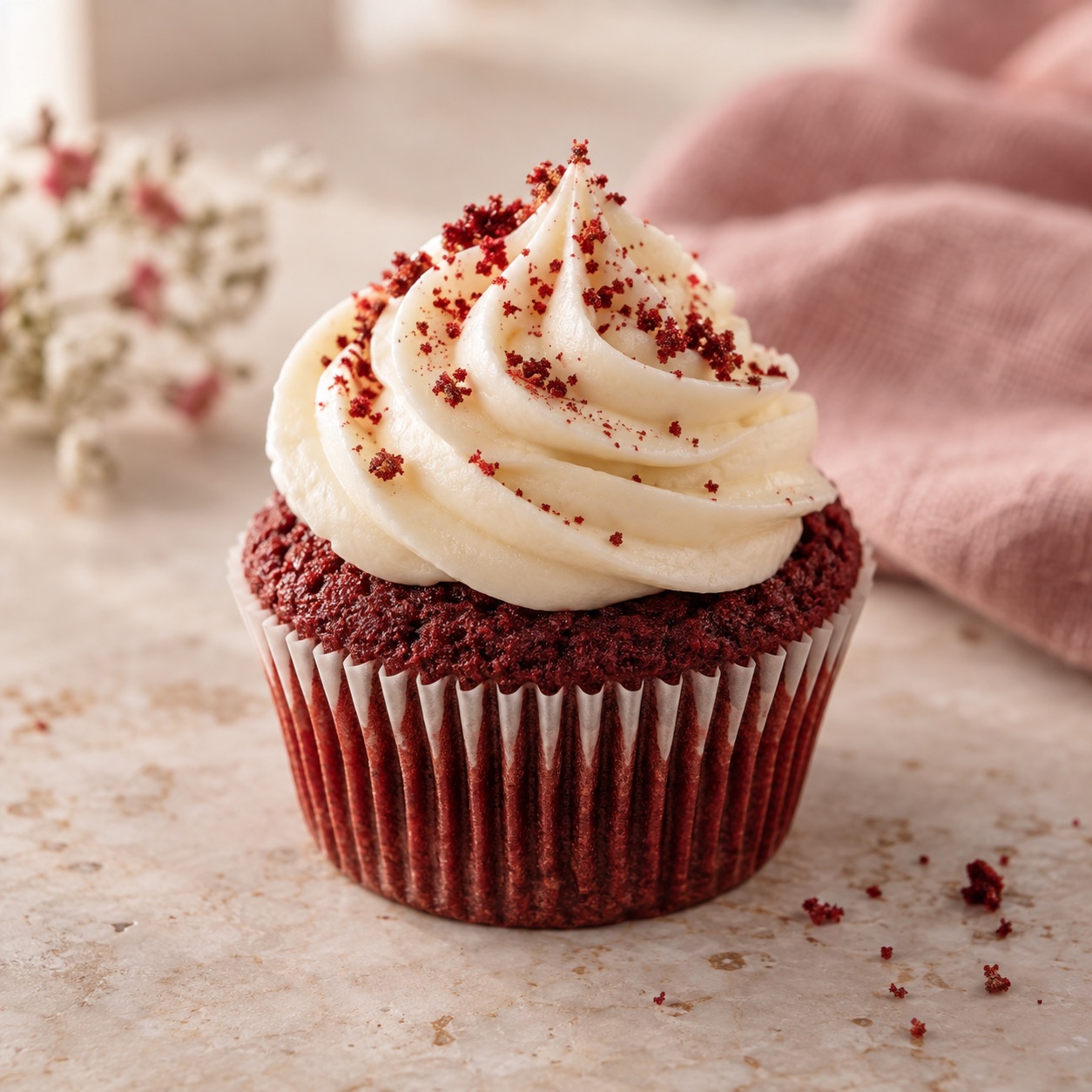 Classic red velvet cupcake with cream cheese frosting