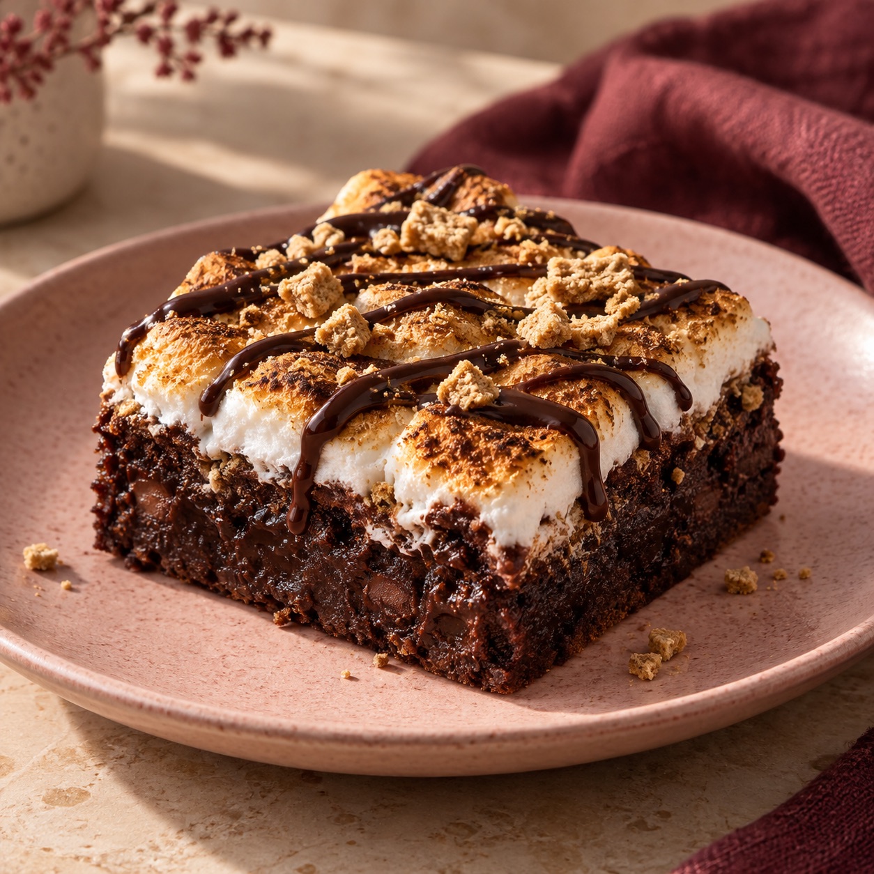 S'mores brownie with toasted marshmallow and chocolate drizzle